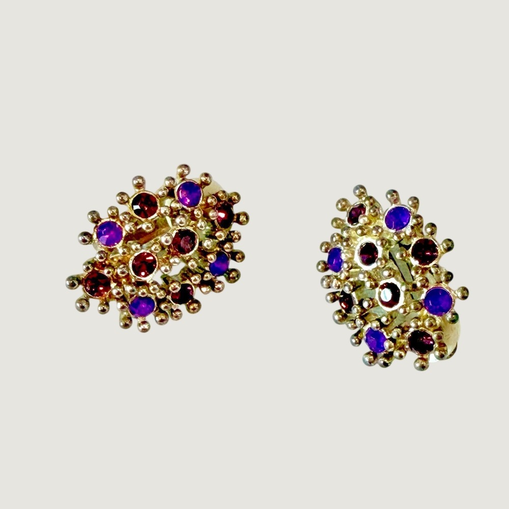 Vintage‎ Brutalist Gold Tone Purple Magenta Rhinestone Clip On Cluster Earrings